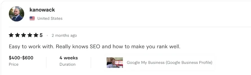 Fiverr review from Kyle Nowack: Easy to work with. Really knows SEO and how to make you rank well.