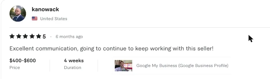 Fiverr review from Kyle Nowack: Excellent communication, going to continue to keep working with this seller!