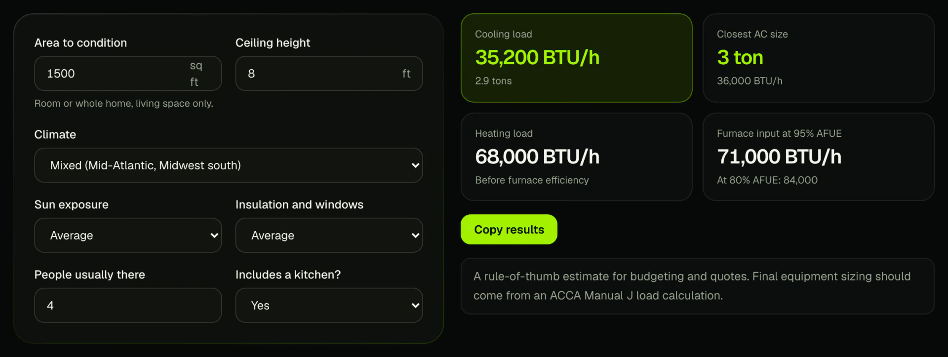 Rank Tactix BTU calculator estimating 35,200 BTU per hour of cooling and a 3 ton AC for a 1,500 square foot home