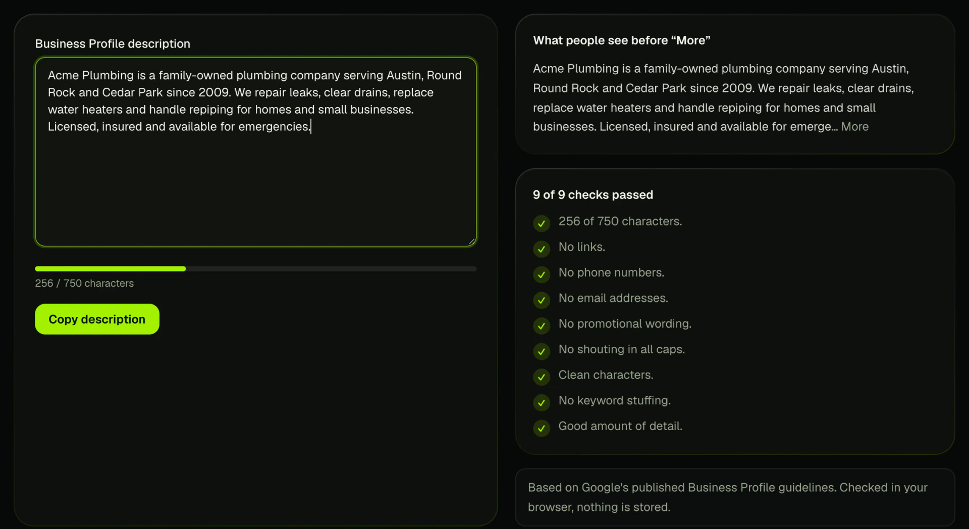Rank Tactix Business Profile description checker passing nine of nine checks for a 256 character plumbing description