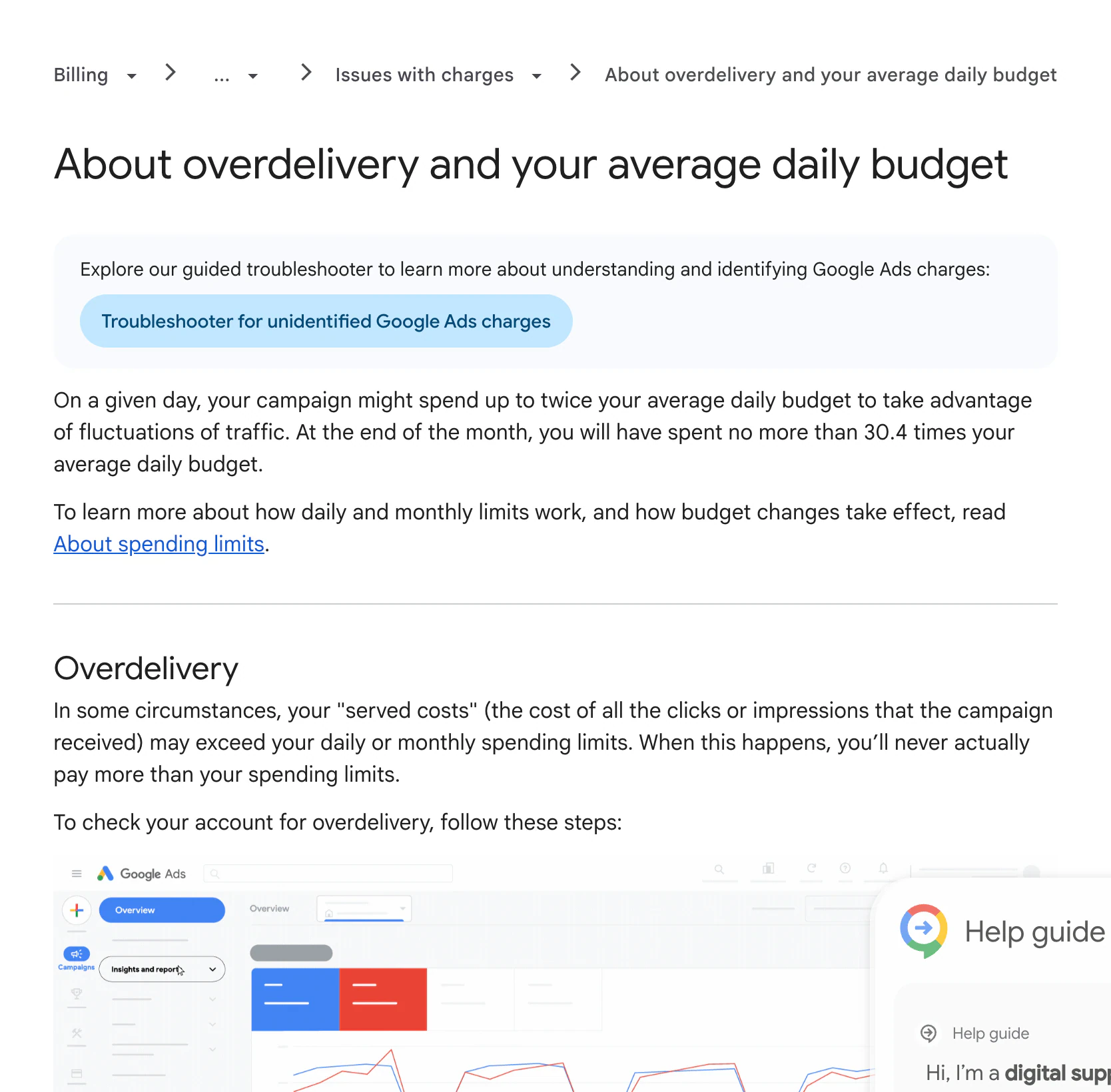 Google Ads Help page About overdelivery and your average daily budget explaining up to twice the daily budget and 30.4 times monthly