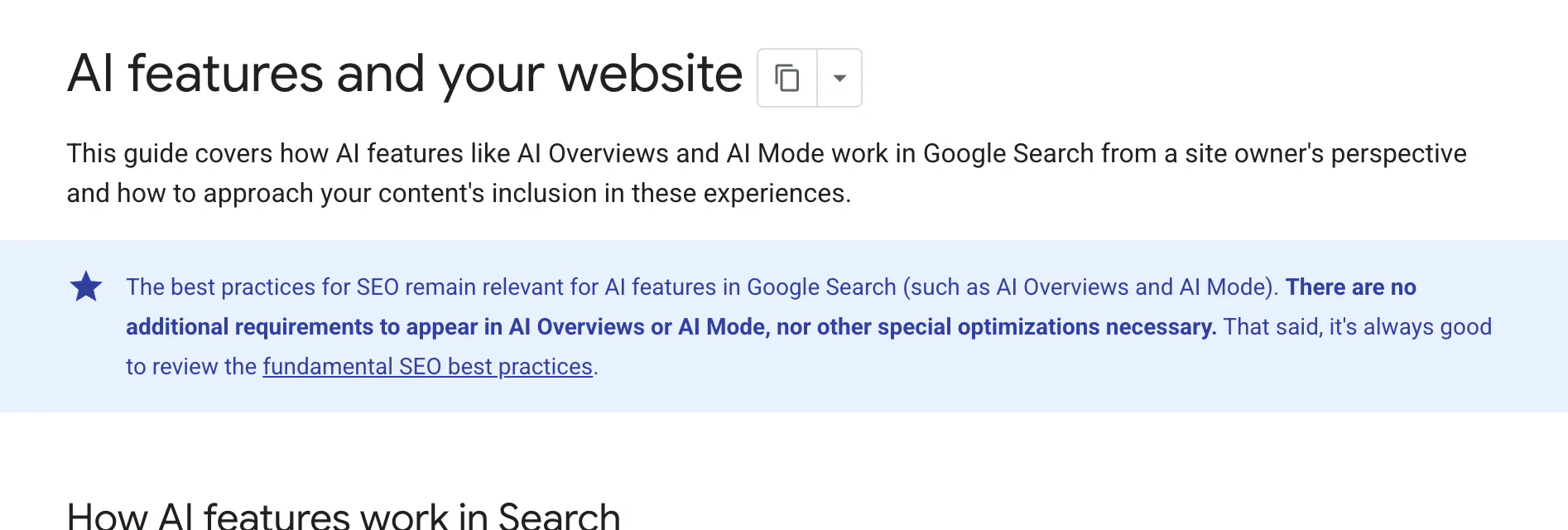 Google Search Central page AI features and your website stating there are no additional requirements to appear in AI Overviews or AI Mode