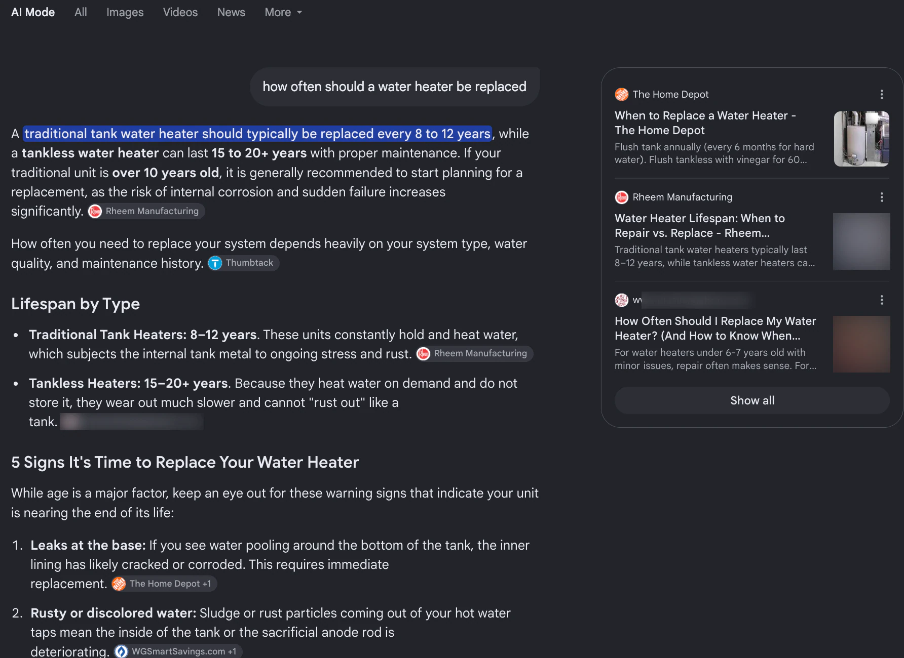 Google AI Mode answering how often a water heater should be replaced, with cited sources from a manufacturer, a retailer and a local plumbing company