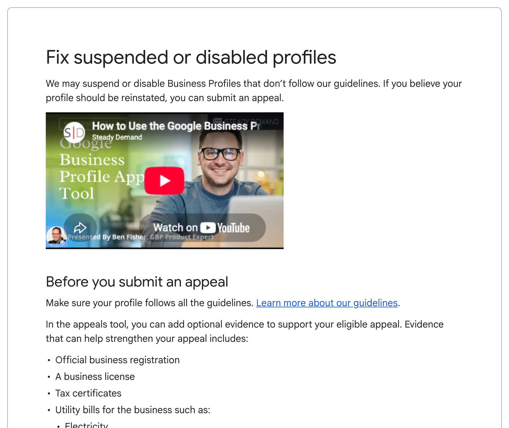 Google Business Profile Help page titled Fix suspended or disabled profiles, listing evidence that can strengthen an appeal