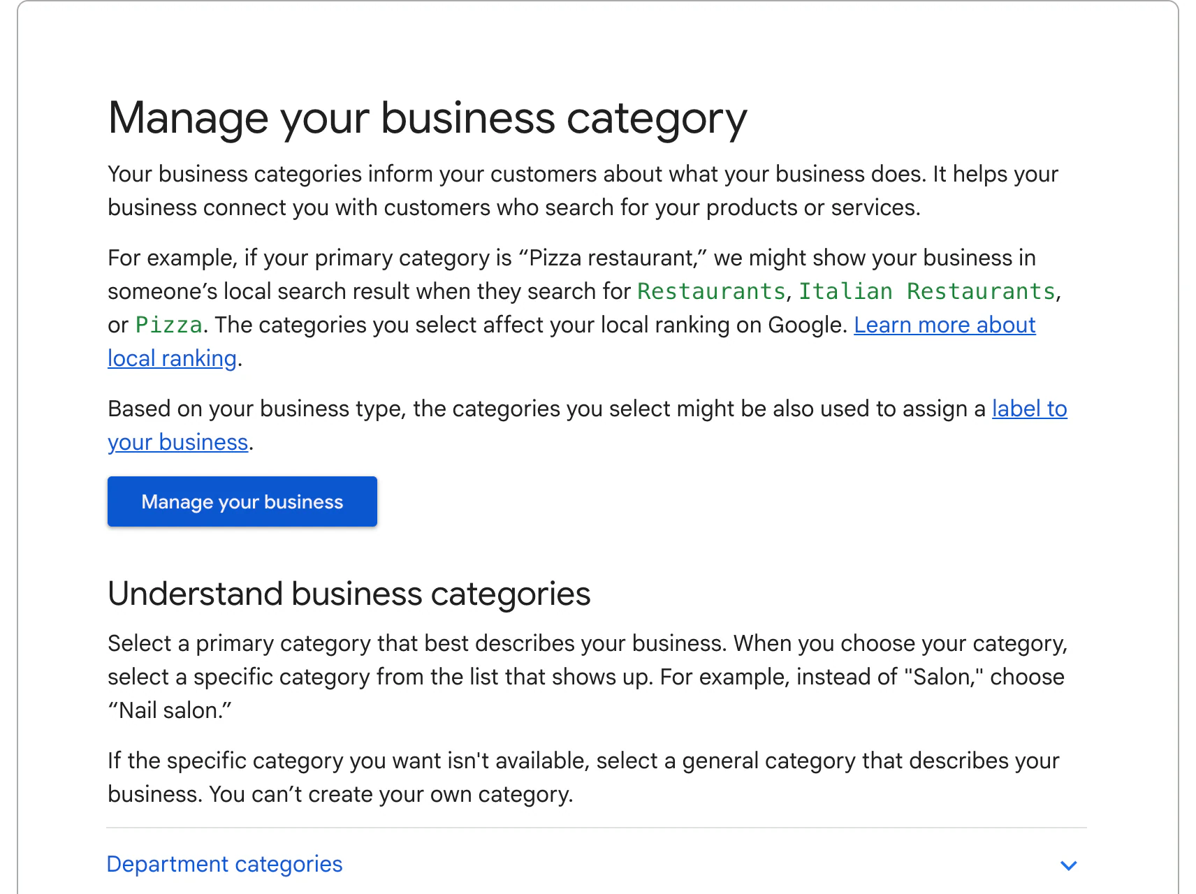 Google Business Profile Help page Manage your business category explaining that categories affect local ranking