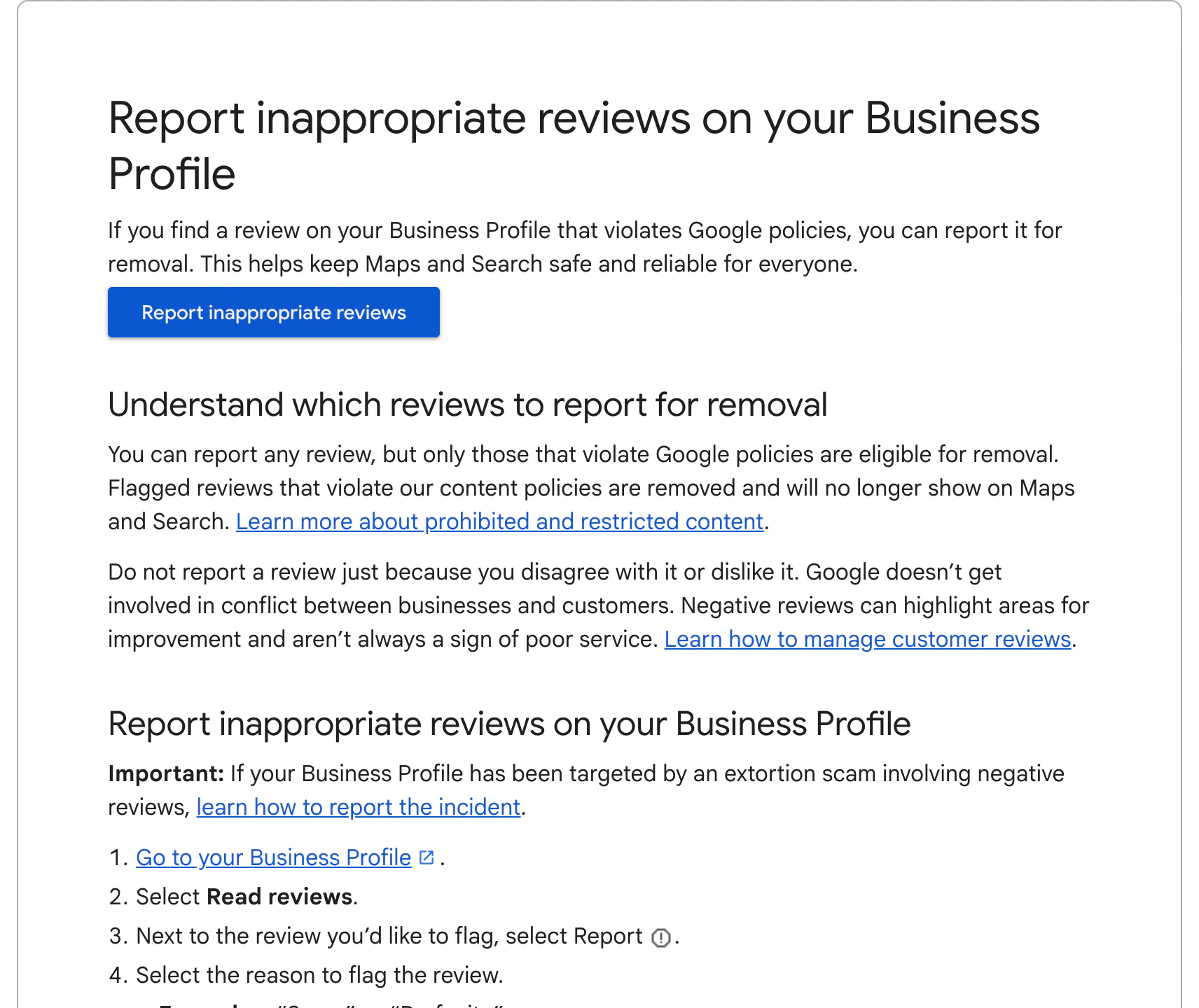 Google Business Profile Help page Report inappropriate reviews, with a notice that review appeal processing times are extended