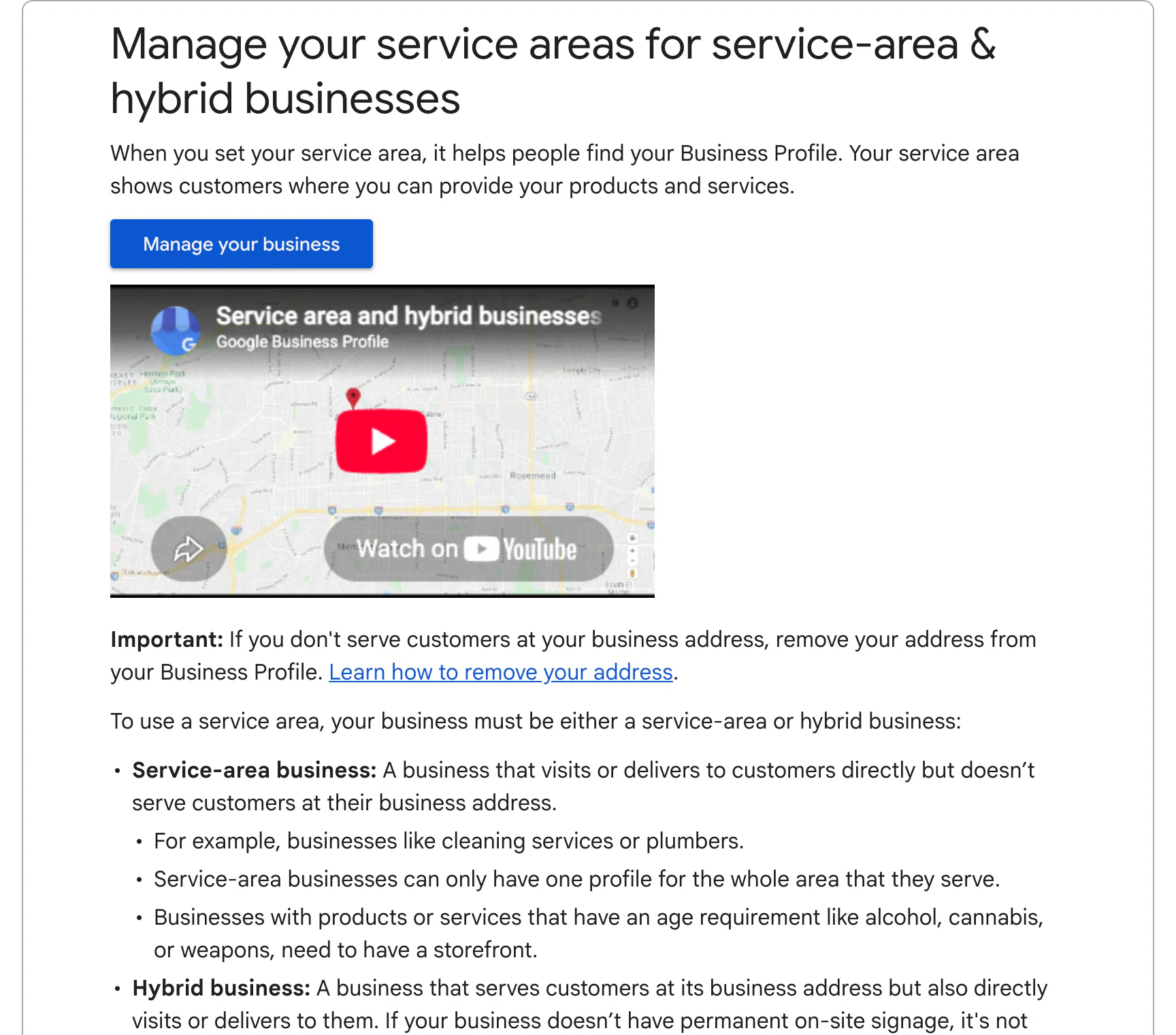 Google Business Profile Help page on managing service areas for service-area and hybrid businesses