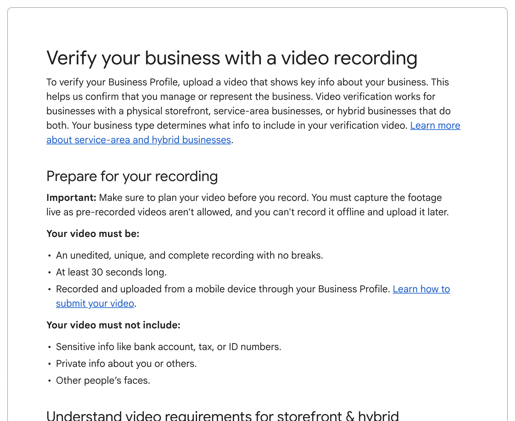 Google Business Profile Help page Verify your business with a video recording listing the video requirements