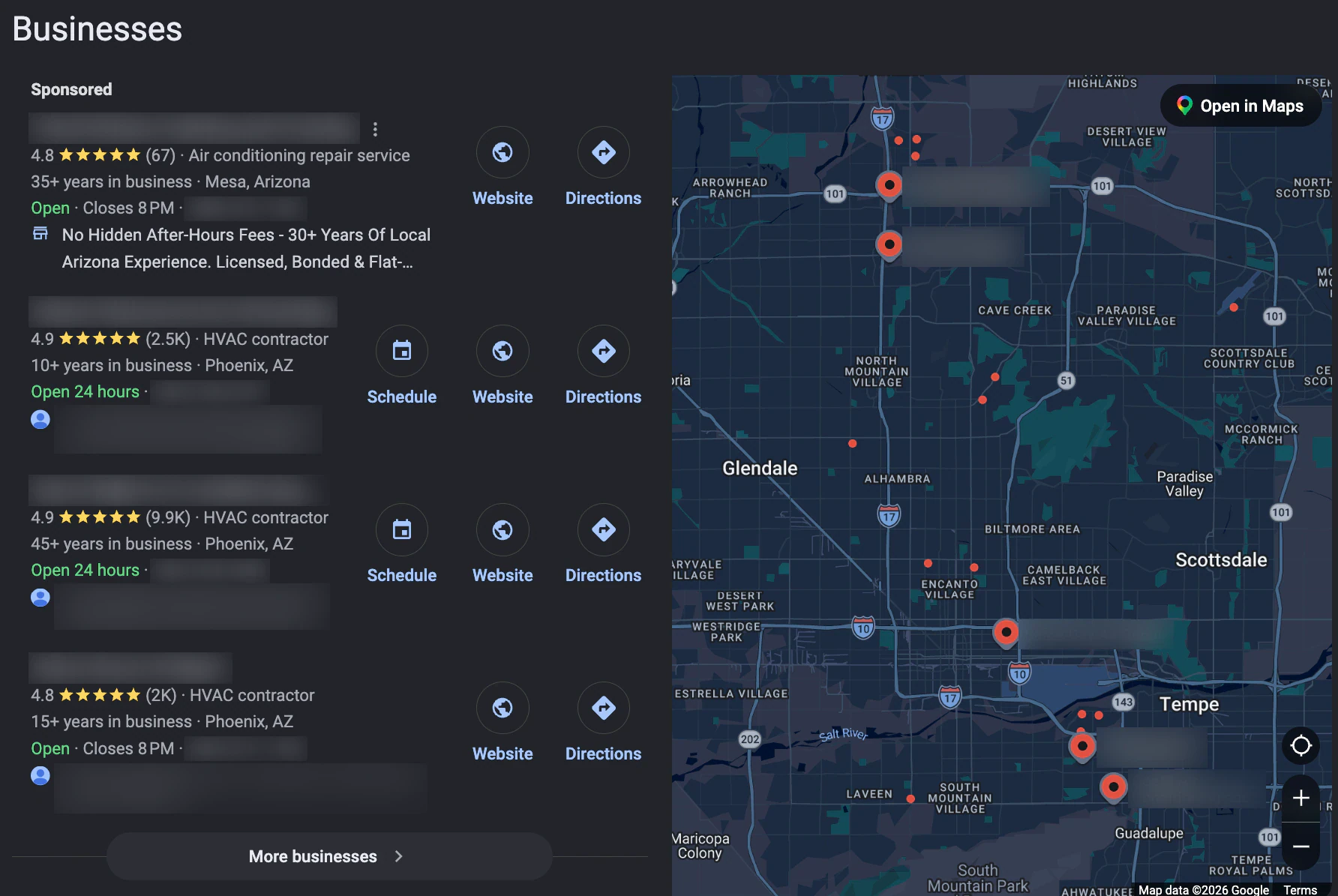 Google local pack for AC repair in Phoenix AZ showing HVAC contractors with 2,000 to 9,900 reviews and a map