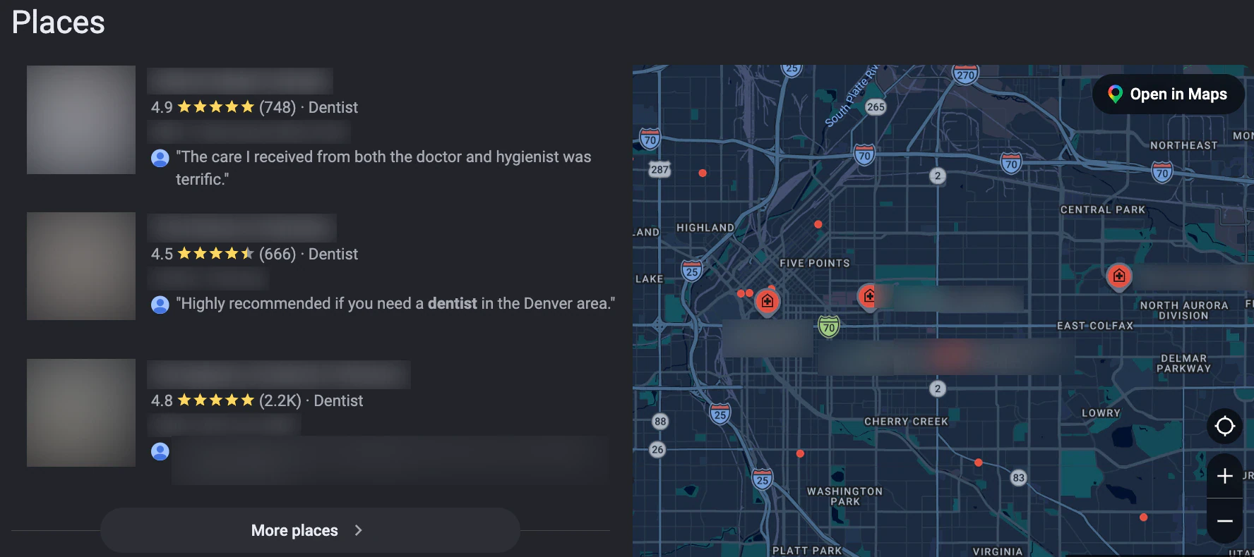 Google local results for dentist in Denver CO showing three practices with ratings from 666 to 2,200 reviews and a map