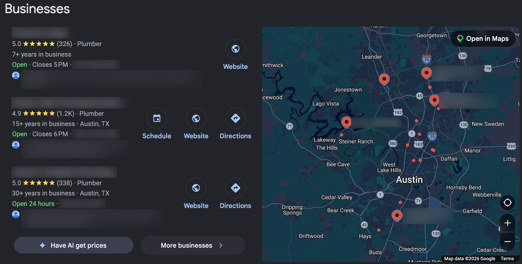 Google local pack for plumber in Austin TX showing star ratings, review counts, years in business and a map