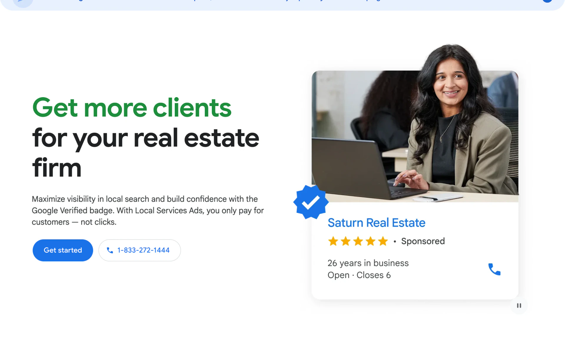 Google's Local Services Ads page showing a sample ad for an electrician with the blue Google Verified badge, star rating and years in business