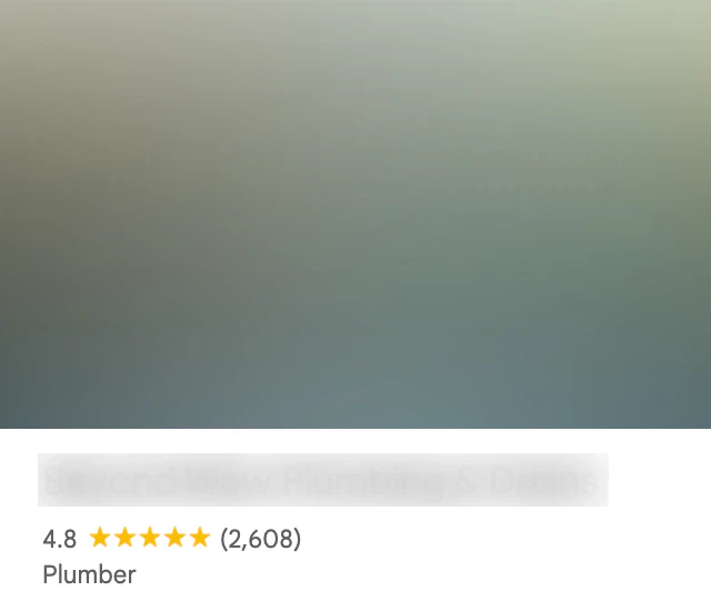 Google Maps business profile showing a 4.8 rating from 2,608 reviews with the category Plumber under the name
