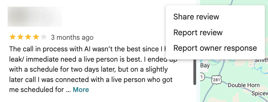 Google Maps review with its menu open showing Share review, Report review and Report owner response