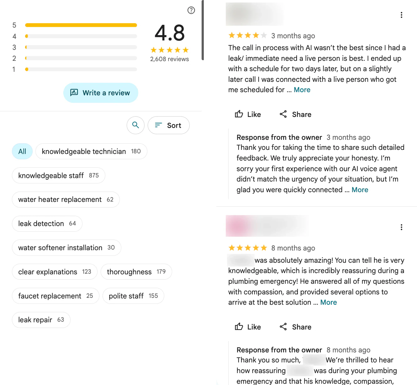 Google Maps reviews for a plumbing company with a reply from the owner under a 4-star complaint and under a 5-star review