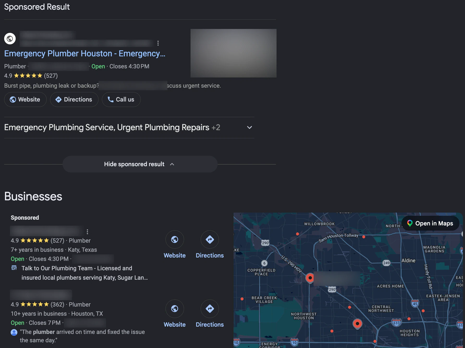 Google results for emergency plumber Houston showing a sponsored search result, then a local pack with a sponsored listing and a map