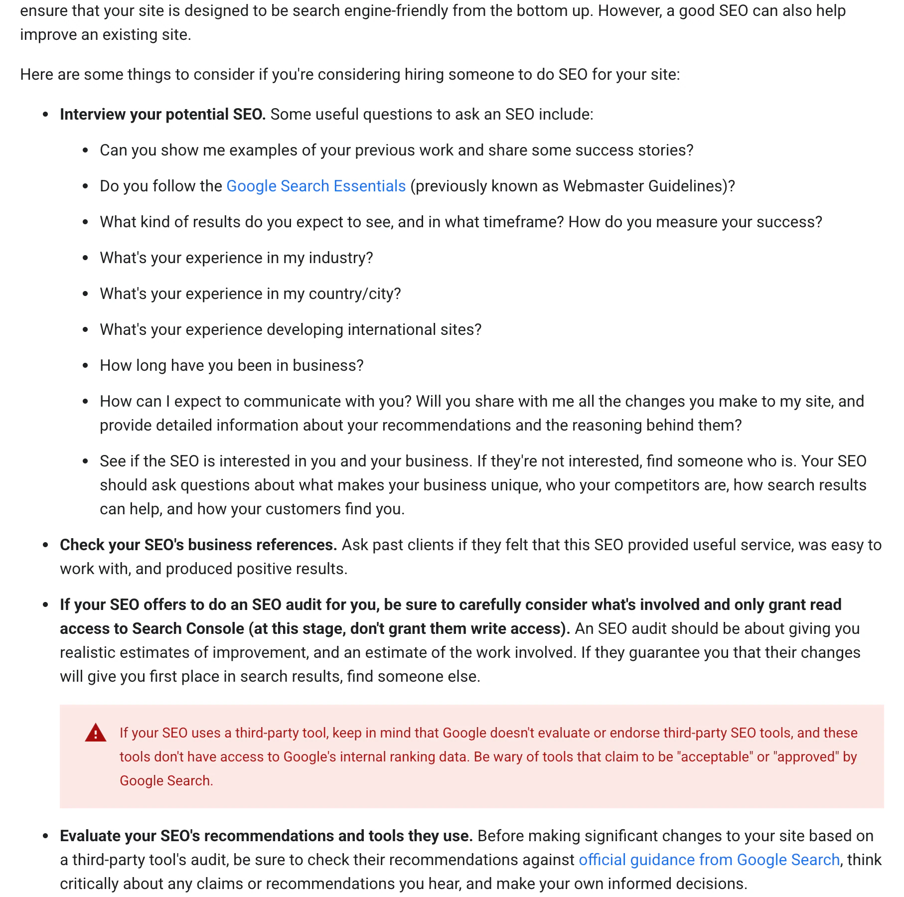 Google Search Central page listing questions to ask an SEO, such as examples of previous work and experience in your industry