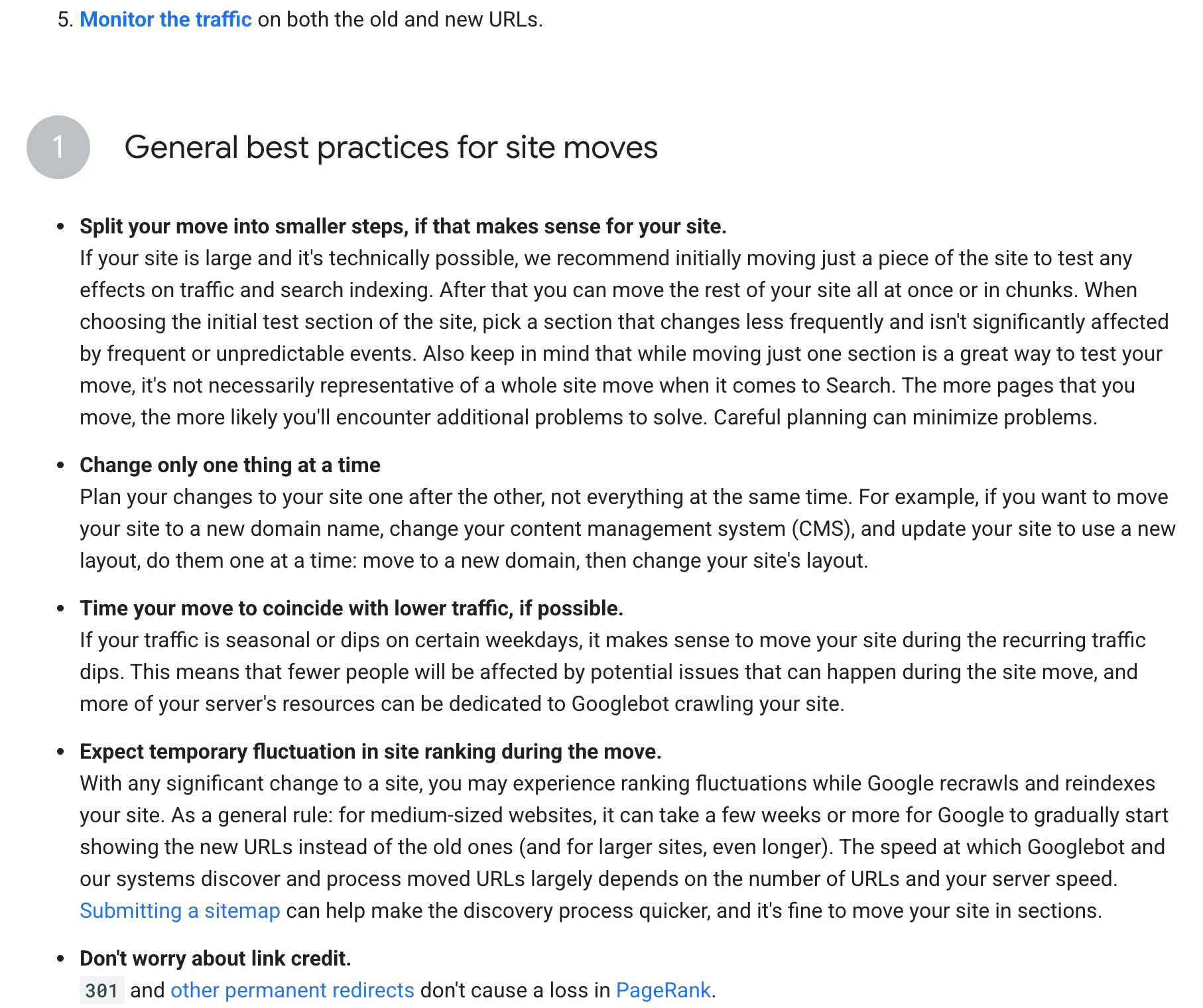Google Search Central site move guidance listing best practices such as changing one thing at a time and expecting temporary ranking fluctuation