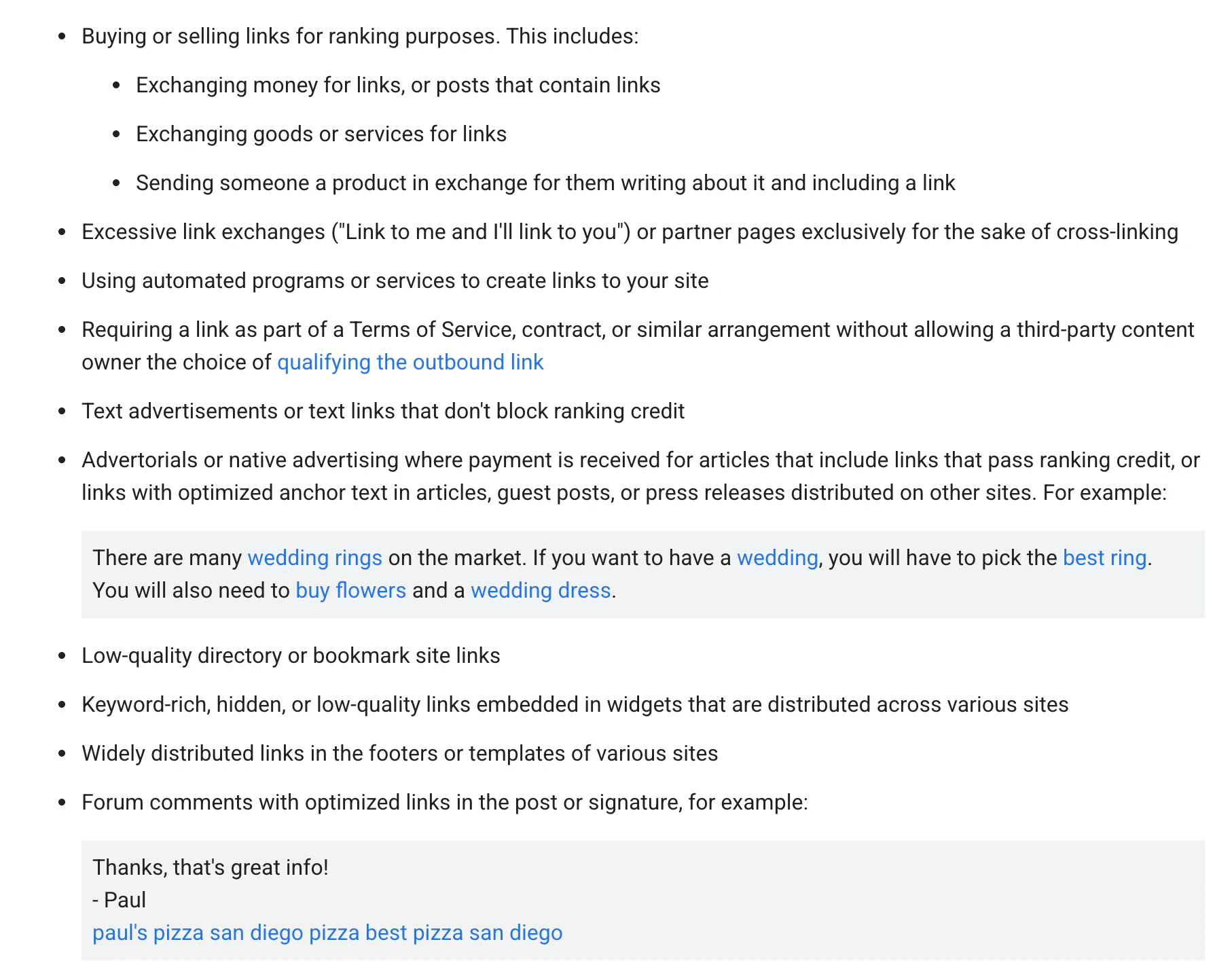 Google spam policies page listing examples of link spam such as buying links and excessive link exchanges