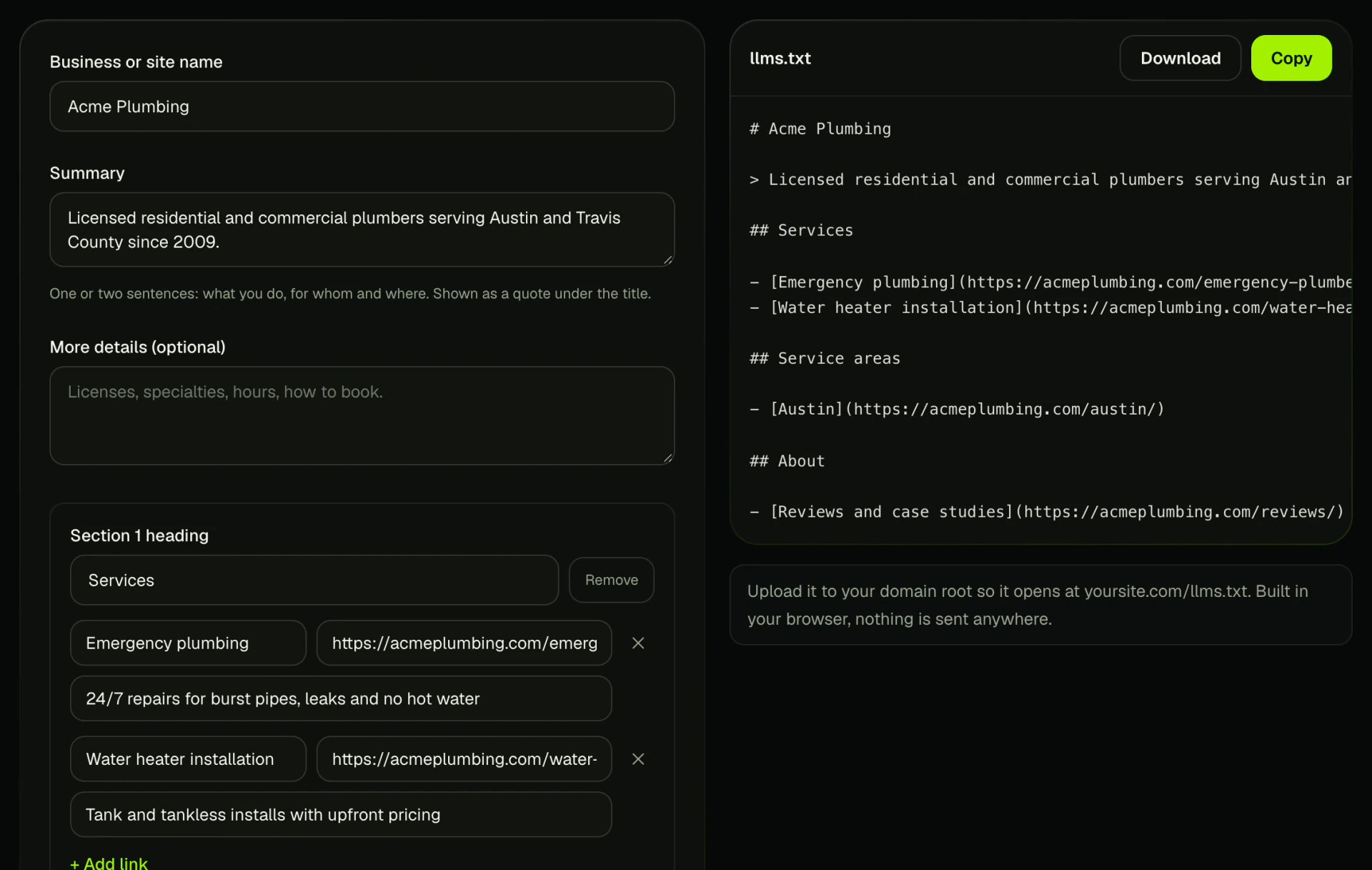 Rank Tactix llms.txt generator building a file with summary, services and service area sections for a plumbing company