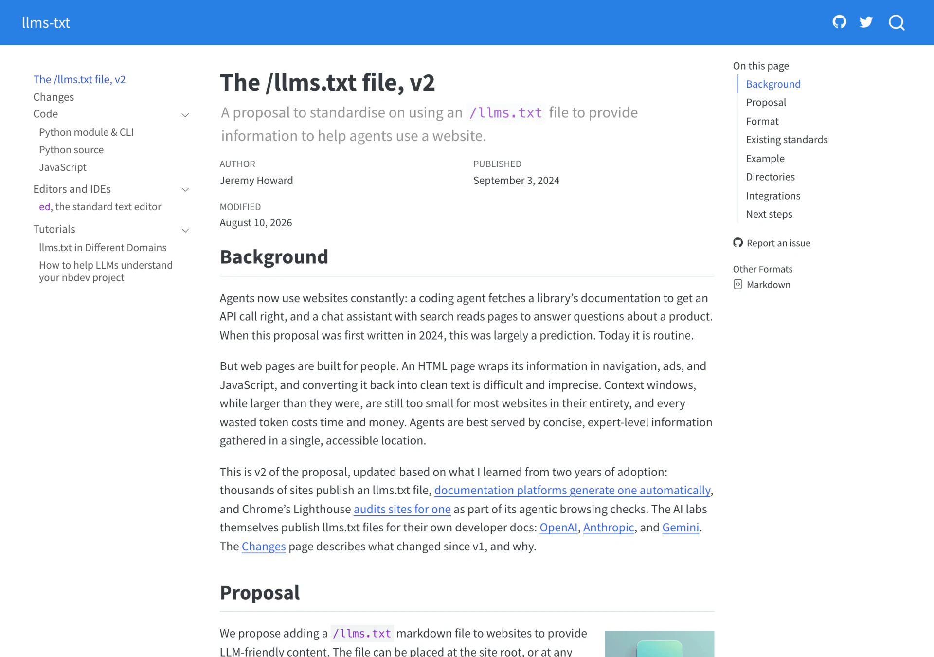 The llmstxt.org page describing the llms.txt file proposal by Jeremy Howard