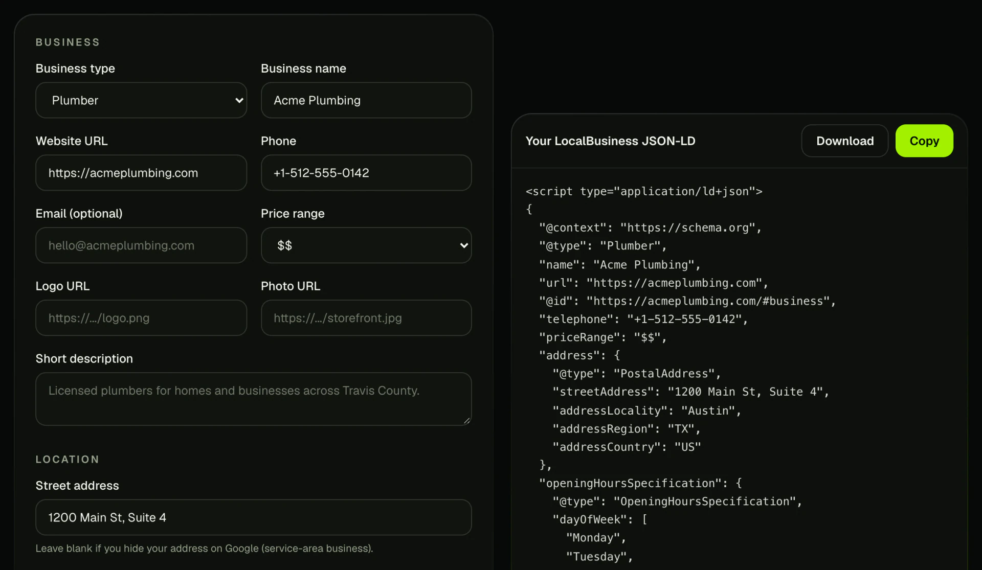 Rank Tactix local business schema generator creating LocalBusiness JSON-LD for a plumber