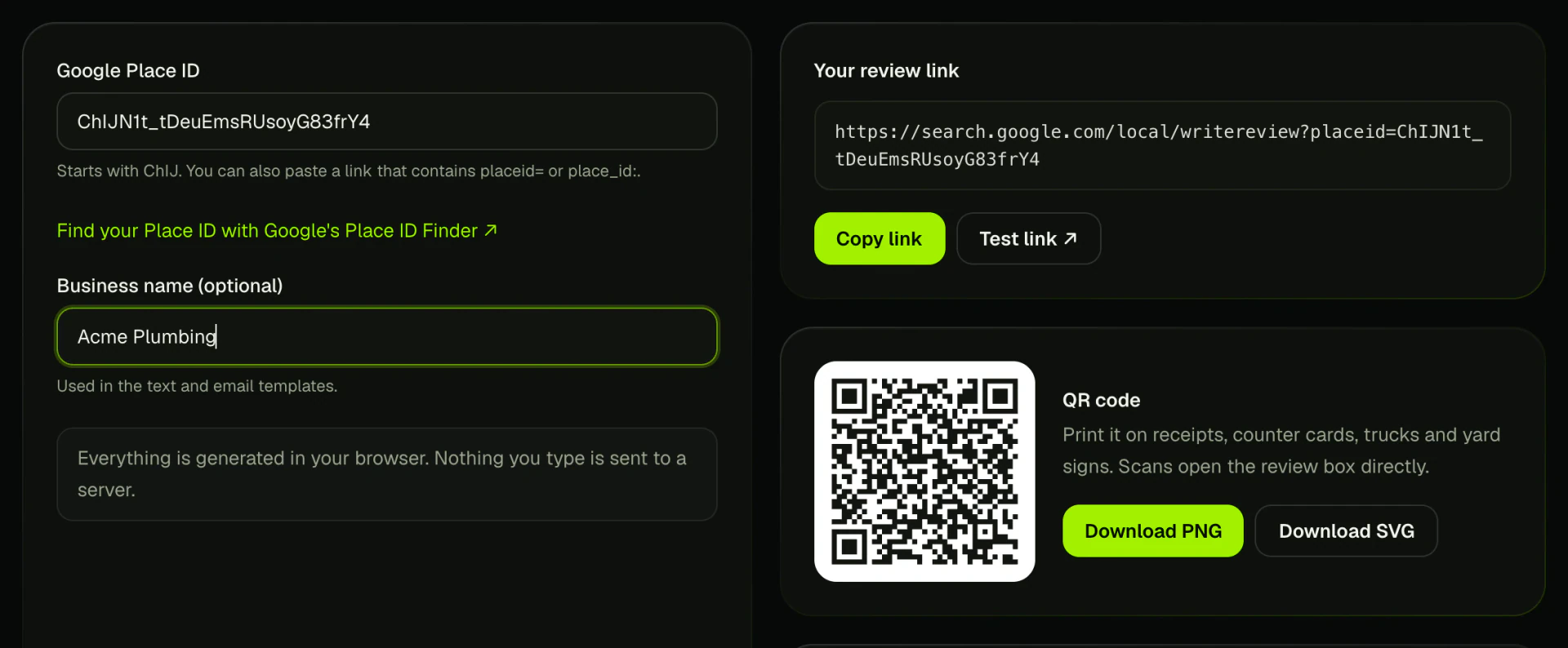Rank Tactix Google review link generator showing a direct review link, a QR code and a text message template