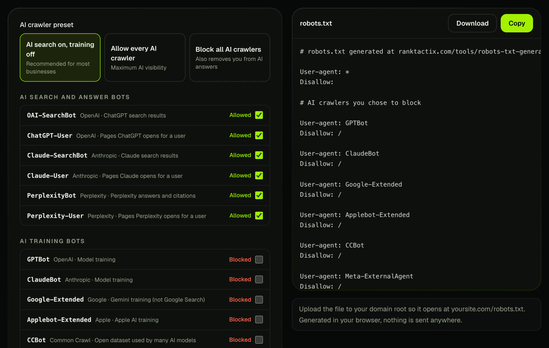 Robots.txt generator with OAI-SearchBot, Claude-SearchBot and PerplexityBot allowed and AI training bots like GPTBot blocked