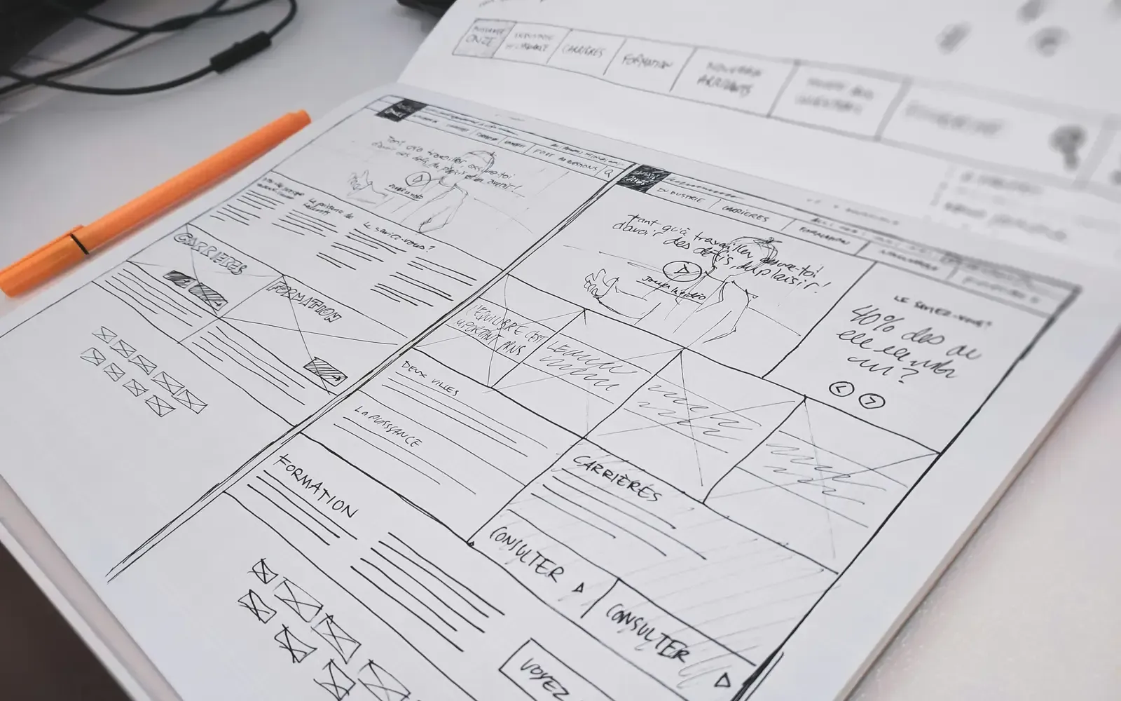 Website wireframe sketches on paper during a site redesign